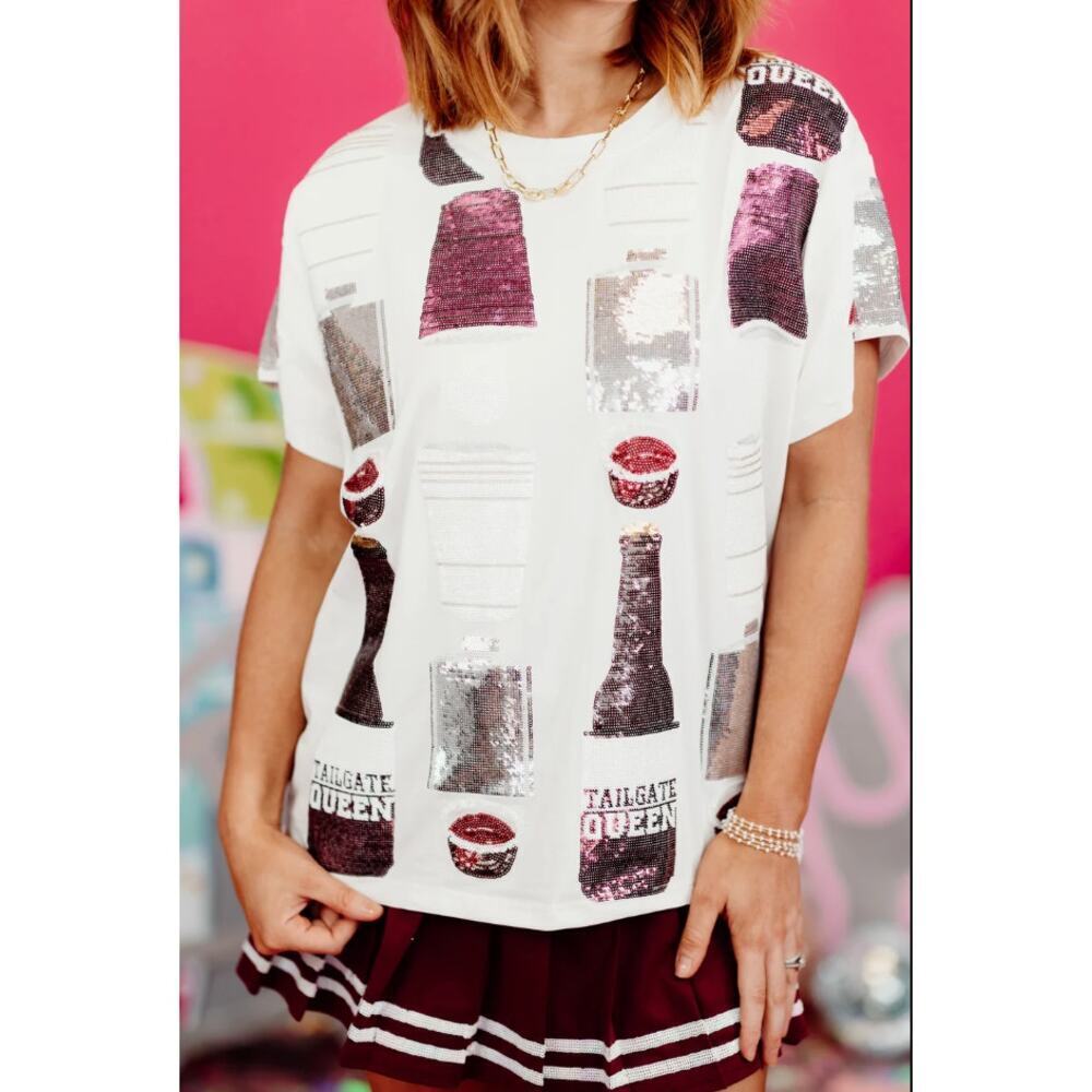 Queen Of Sparkles Sequin Football Tailgate Tee Shirt Red Silver Size XS
